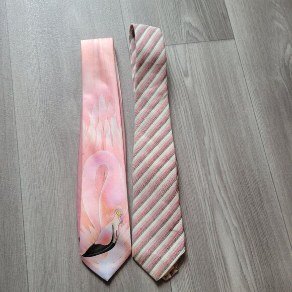 Set Of 2 Mens Ties - Flamingo Design By Primitive Instincts & Striped Pattern By - Picture 1 of 10